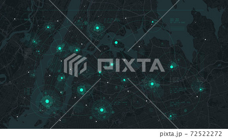 Futuristic technology and network connection concept, big smart city virtual database, digital visualization of big data on New York map background, vector illustration Futuristic technology and network connection concept, big smart city virtual database, digital visualization of big data on New York map background, vector illustration 72522272