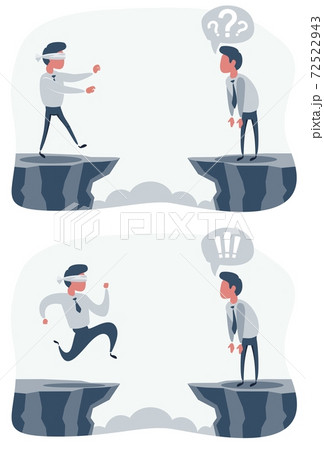 Man walk to the cliff. Blindfolded businessman run to the cliff. Business concept. Man walk to the cliff. Blindfolded businessman run to the cliff. Business concept. 72522943