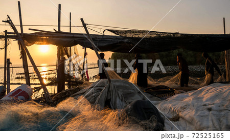 Fishermen pull fishing net to get seal fish at sunset Fishermen pull fishing net to get seal fish at sunset 72525165