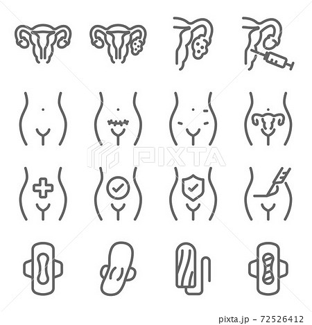 Female icon illustration vector set. Contains such icons as Surgery, sanitary napkin, Fetus, Genital, Uterus, Vagina, Medical, Ovary, and more. Expanded Stroke 72526412