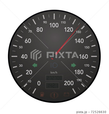 Speedo meter, full throttle, car cockpit display with scale from zero to 200 kmh. Speedometer with warning lights, red pointer, digital mileage, turn signal indicator. Isolated vector on white. Speedo meter, full throttle, car cockpit display with scale from zero to 200 kmh. Speedometer with warning lights, red pointer, digital mileage, turn signal indicator. Isolated vector on white. 72526630