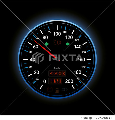 Speedometer, modern car display from zero to 200 kmh, with red pointer, digital mileage, turn signal indicator and warning lights. Isolated vector illustration on black background. 72526631