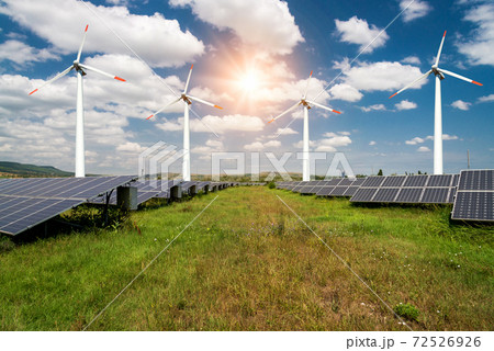 Photo collage of solar panels and wind turbines - concept of sustainable resources Photo collage of solar panels and wind turbines - concept of sustainable resources 72526926