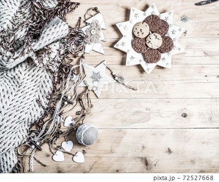 top view of beige and green Christmas decorations cozy home hygge top view of beige and green Christmas decorations cozy home hygge 72527668