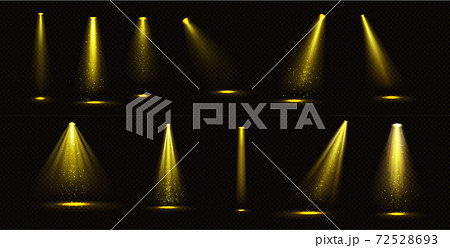 Stage lights, yellow beams with gold sparkles set 72528693