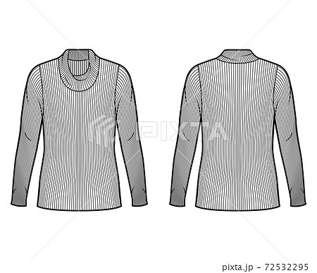 Ribbed cowl turtleneck knit sweater technical fashion illustration with long sleeves, oversized body, tunic length. Ribbed cowl turtleneck knit sweater technical fashion illustration with long sleeves, oversized body, tunic length. 72532295