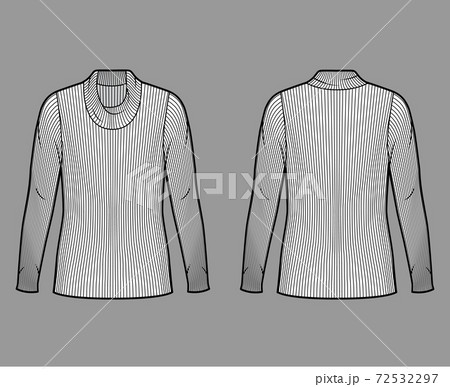 Ribbed cowl turtleneck knit sweater technical fashion illustration with long sleeves, oversized body, tunic length.  72532297