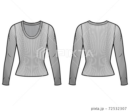 Ribbed scoop neck knit sweater technical fashion illustration with long sleeves, close-fitting shape.  72532307