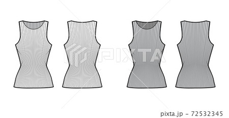 Ribbed cotton-jersey tank technical fashion illustration with slim fit, elongated hem, crew neckline. Flat outwear top 72532345