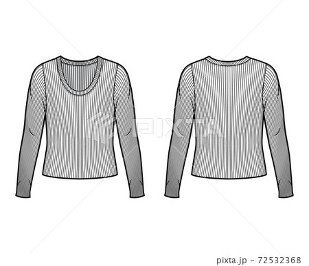 Ribbed scoop neck knit sweater technical fashion illustration with long sleeves, oversized body  72532368
