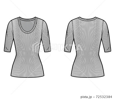 Ribbed scoop neck knit sweater technical fashion illustration with elbow sleeves, close-fitting shape, tunic length.  72532384