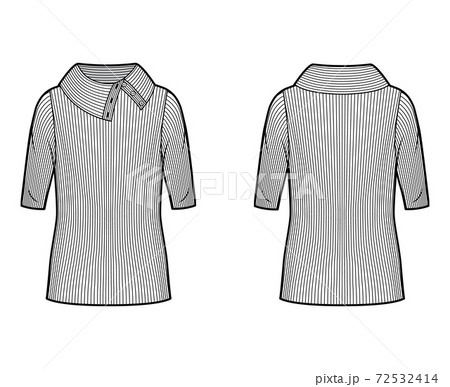 Wide button-up turtleneck ribbed-knit sweater technical fashion illustration with elbow sleeves, close-fitting shape Wide button-up turtleneck ribbed-knit sweater technical fashion illustration with elbow sleeves, close-fitting shape 72532414