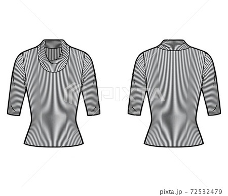 Ribbed cowl turtleneck knit sweater technical fashion illustration with elbow sleeves, close-fitting shape. Ribbed cowl turtleneck knit sweater technical fashion illustration with elbow sleeves, close-fitting shape. 72532479