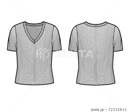 Ribbed V-neck knit sweater technical fashion illustration with short rib sleeves, oversized body. Ribbed V-neck knit sweater technical fashion illustration with short rib sleeves, oversized body. 72532611