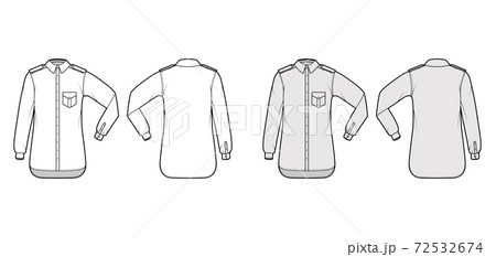 Shirt epaulette technical fashion illustration with flaps angled pocket, elbow fold long sleeve, relax fit, button-down 72532674