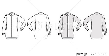 Shirt epaulette technical fashion illustration with elbow fold long sleeve, oversized, button-down opening, collar Shirt epaulette technical fashion illustration with elbow fold long sleeve, oversized, button-down opening, collar 72532676