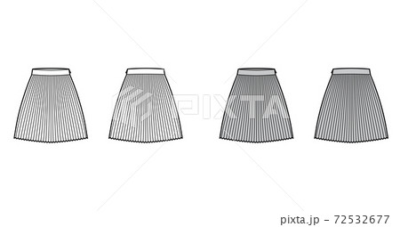 Skirt sunray pleat technical fashion illustration with under-the-knee length silhouette, circular fullness. Flat bottom 72532677