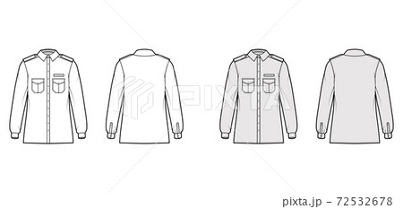 Shirt military technical fashion illustration with epaulette, flaps angled pockets, long sleeve, relax fit, button-down Shirt military technical fashion illustration with epaulette, flaps angled pockets, long sleeve, relax fit, button-down 72532678