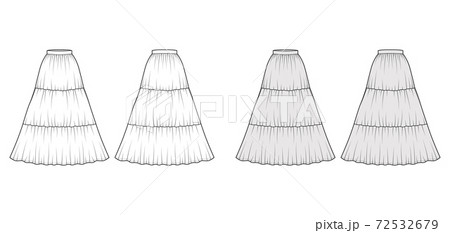 Skirt gypsy dirndl technical fashion illustration with maxi floor length silhouette, circular fullness. Flat bottom Skirt gypsy dirndl technical fashion illustration with maxi floor length silhouette, circular fullness. Flat bottom 72532679