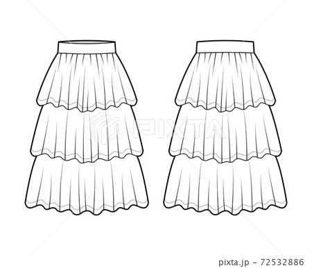 Skirt layered ruffle tiared flounce technical fashion illustration with below-the-knee lengths, circle silhouette. Flat 72532886