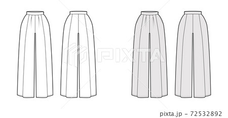 Pants skirt culotte gaucho technical fashion illustration with ankle floor length, oversize silhouette, side zipper Flat 72532892