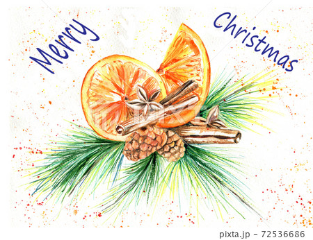 Watercolor Christmas card with Christmas bouquet and orange 72536686