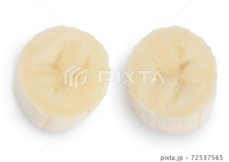 peeled banana pieces isolated on white background with clipping path and full depth of field. Top view. Flat lay. 72537565