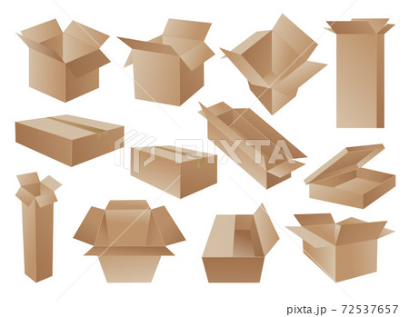 Boxes. Cardboard box mockup set. Mail containers in various shapes. Collection of brown recycling cardboard delivery boxes or postal parcel packaging, realistic vector illustration Boxes. Cardboard box mockup set. Mail containers in various shapes. Collection of brown recycling cardboard delivery boxes or postal parcel packaging, realistic vector illustration 72537657