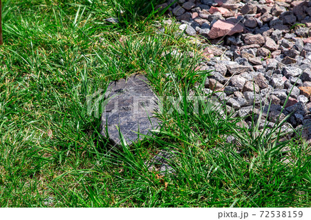 landscape design green lawn with grass and granite stones, closeup of an eco friendly background. 72538159