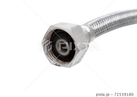 fitting with rubber sealing and thread for fixing to the faucet and plumbing of bathrooms in steel binding, object with a place for a wrench isolated on white background. fitting with rubber sealing and thread for fixing to the faucet and plumbing of bathrooms in steel binding, object with a place for a wrench isolated on white background. 72539180