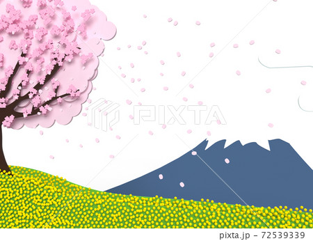 富士山背景の桜吹雪と菜の花 新入学イメージイラストのイラスト素材