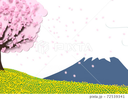 富士山背景の桜吹雪と菜の花 新入学イメージイラスト 富士山フォーカス のイラスト素材