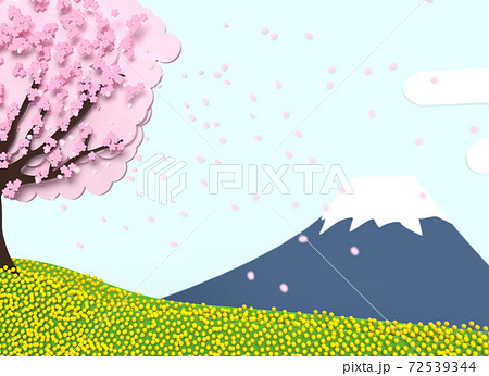 富士山背景の桜吹雪と菜の花 新入学イメージイラスト 桜フォーカス のイラスト素材