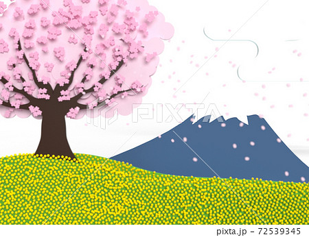 富士山背景の桜吹雪と菜の花 新入学イメージイラスト 富士山フォーカス のイラスト素材