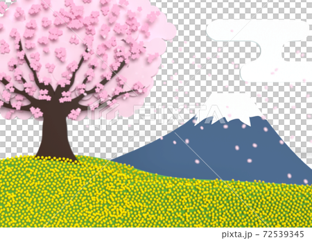 富士山背景の桜吹雪と菜の花 新入学イメージイラスト 富士山フォーカス のイラスト素材
