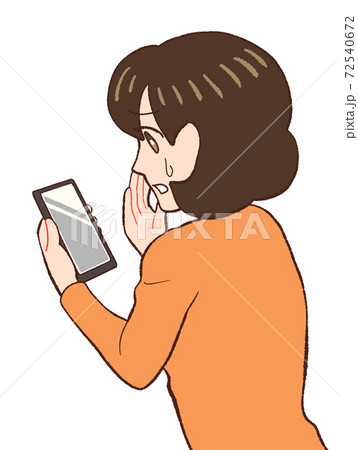 スマホでインターネットをみて不安になる女性のイラスト アイキャッチサイズのイラスト素材