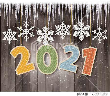 Christmas holiday background with snowflakes and icicles in front of a wooden wall. Vector. Christmas holiday background with snowflakes and icicles in front of a wooden wall. Vector. 72542059