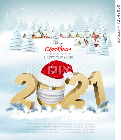 Merry Christmas and New Year holiday background with christmas landscape and 2021 littes and Santa hat. Vector. 72542060