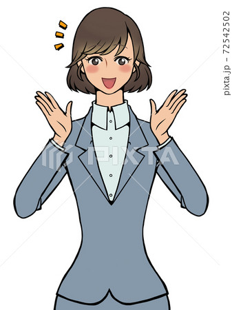 両手を顔に近づけながら何かひらめいたスーツの女性 両手を顔に近づけながら何かひらめいたスーツの女性 72542502