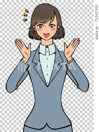 両手を顔に近づけながら何かひらめいたスーツの女性のイラスト素材