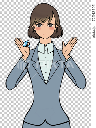 両手を顔に近づけながらとても困っているスーツの女性 72542505