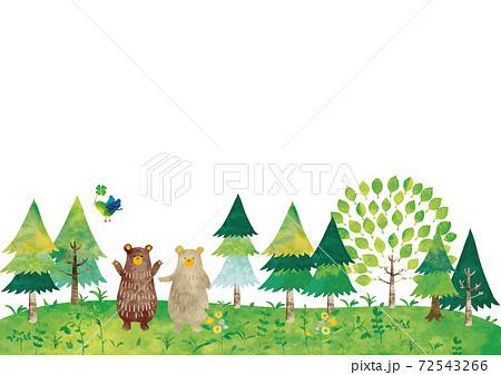水彩風　樹木とクマと青い鳥 72543266