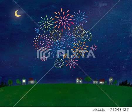 草原と家と夜空と花火の景色 72543427