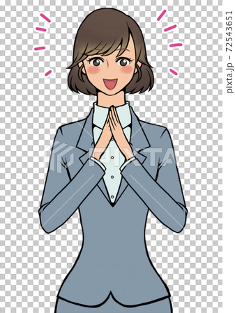 手を合わせながら喜んでいるスーツの女性のイラスト素材 手を合わせながら喜んでいるスーツの女性のイラスト素材
