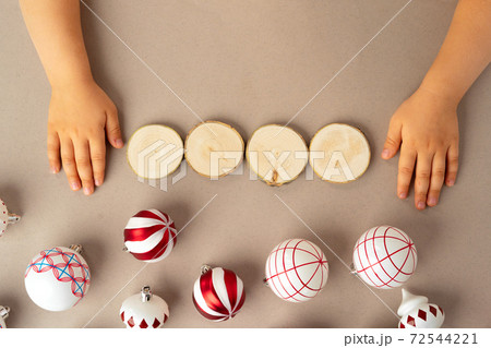 Red and white Christmas balls top view, New Year concept 72544221