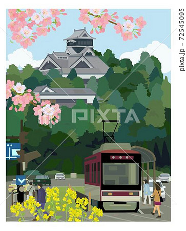 春の熊本城と電車 72545095