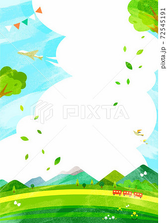 新緑のお出かけ背景イラスト 山脈と高原 水彩テクスチャのイラスト素材