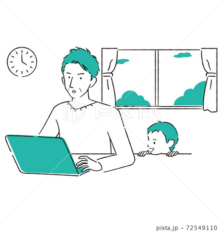 手描き1color 　リモートワーク　仕事中　子供が見に来る 72549110