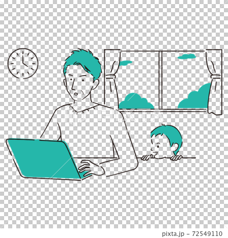 手描き1color 　リモートワーク　仕事中　子供が見に来る 72549110