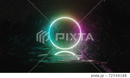 Abstract background with starfield, circle neon glow portal and crystals around 72549188